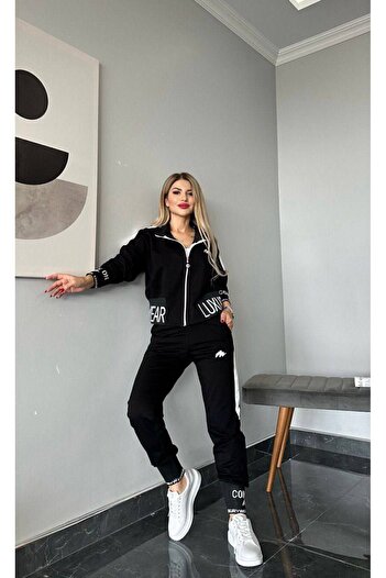 MİMİ Luxury Wear Kadın Fermuarlı Alt Üst Eşofman Takımı Nakışlı 2 İplik Likra