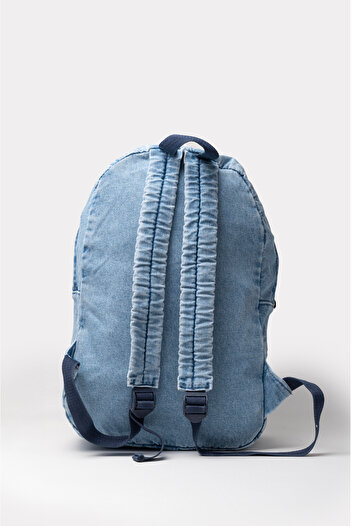 ICONE BAG Icone Ön Cep Nakışlı Denim Yıkamalı Sırt Çantası, Kot Sırt Çantası
