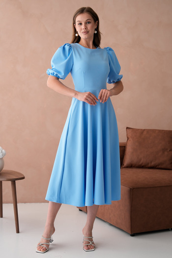 vuvutasarım Baby Blue Atlas Fabric Round Neck Princess Sleeve Detail Midi Dress 220