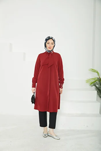 Armine Trend Hidden Button Collar Ribbon Detailed Tunic-Burgundy-25Yt450