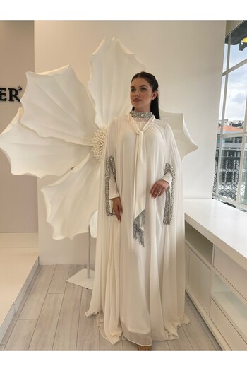 White Corner 2959 Chiffon Fabric Detailed Design Dress