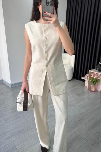 ECEMİ Pocket Detail Natural Linen Vest Trousers Set