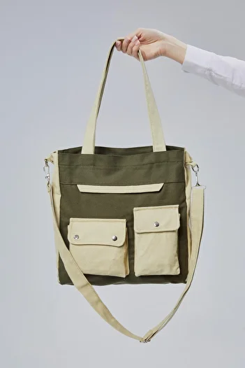 Çınar Bez Çanta Canvas Front Pockets Snap Bag (Dark Green - Beige)