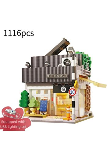 Choice No Box 1116PCS City Japanese Summer Restaurant Cafe Building Blocks Street View Model Bricks With Li
