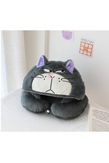 Miniso A Kawaii Lucifer Cat U-Shaped Neck Pillow With Hat Pillow Hooded Blackout Office Anime Grey Cat Tra.