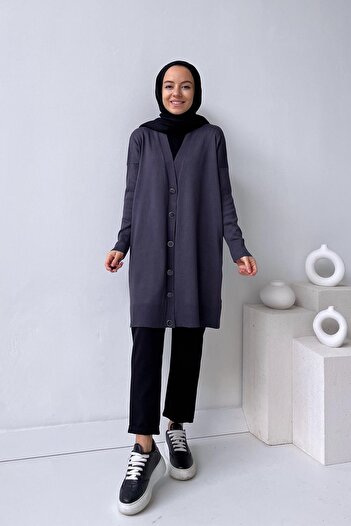 Ka Hijab Button Ribbed Mercerized Cardigan - Anthracite
