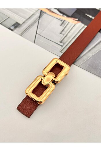 MODAM HİFA Square Pin Gold Buckle Claret Red Women's Belt Trouser Belt Dress Belt Shirt Belt Coat Belt
