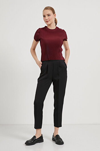 Arma Life Women's Pleated Short Sleeve Summer Burgundy Crop Blouse