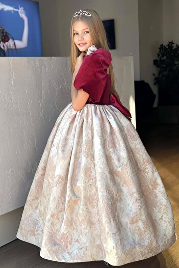 Riccotarz Girl's Shoulder Rose Detailed Balloon Sleeve Skirt Embossed Detailed Velvet Long Burgundy Evening Dress