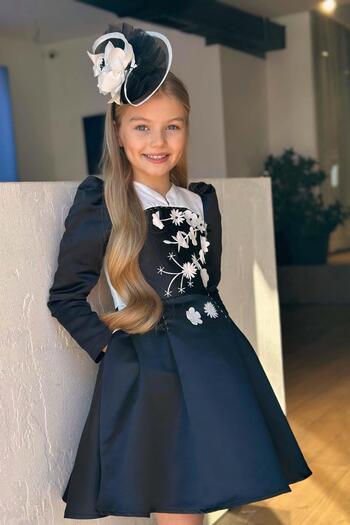 Riccotarz Girl's Back Zipper Detailed White Color Chest Daisy Detailed Watermelon Sleeve Pocket Black Dress
