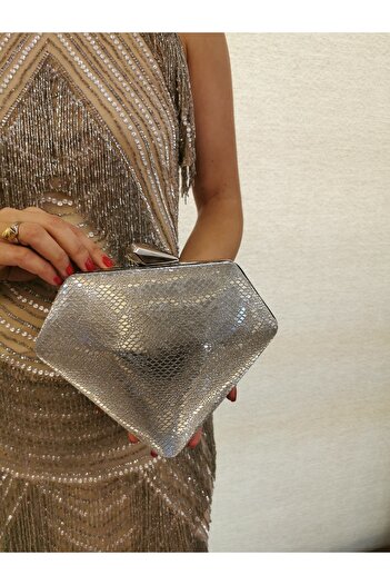 NAZART Kadın Yılan Platin Füme Abiye Clutch  Zincir Askılı  El Düğün Nişan Gece Omuz  Çantası