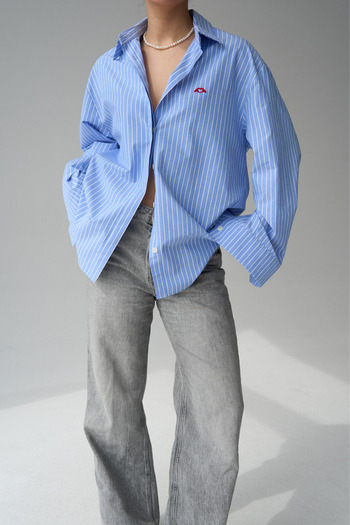 LOOSH Women's Blue Striped Oversize Shirt with Heart Embroidery Detail
