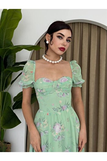 buğrahayalin Chiffon Fabric Digital Pattern Printed Dress