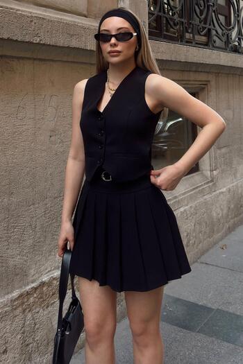 Swist Black Vest-Belt Pleated Mini Shorts Skirt Women's Bottom Top Set