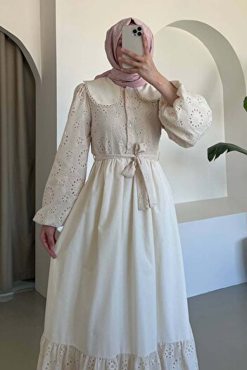 benguen Embroidery Detailed Baby Collar Dress Cream 1003-1