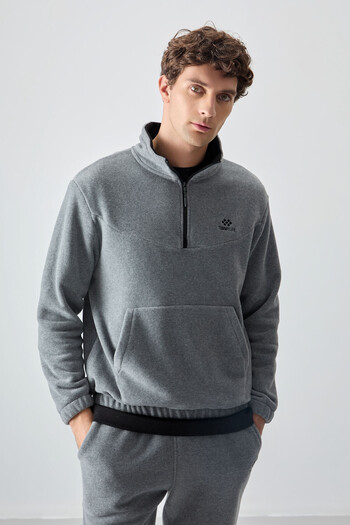 TOMMY LIFE Ανδρική φόρμα αθλητικής φόρμας Grey Melange με μισό φερμουάρ γιακάς από καουτσούκ Fleece - 85159
