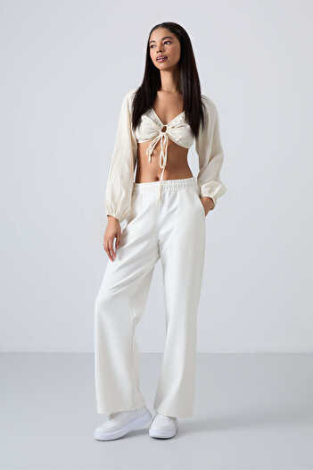 TOMMY LIFE Ecru High Waisted Pocketed Comfortable Form Wide Leg Women's Tracksuit Bottom - 94567