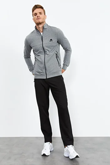 TOMMY LIFE Γκρι μελανζ - Μαύρο γιακά με φερμουάρ Standard Fit Classic ανδρική φόρμα - 851
