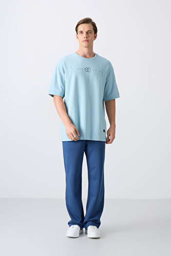 TOMMY LIFE Tricou pentru bărbați, albastru deschis, din bumbac, cu textura moale, cu imprimeu supradimensionat - 88323