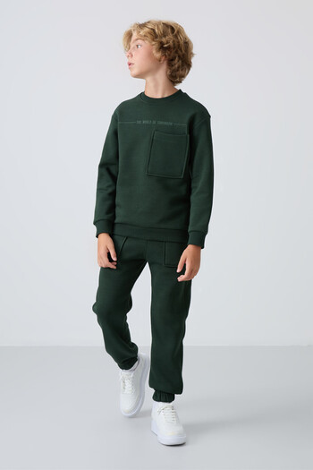 TOMMY LIFE Pine Green Cotton Thick Fleece Lined Standard Fit Printed Boys' Tracksuit Set - 11257