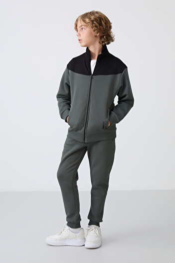 TOMMY LIFE Boy's Embroidered Tracksuit Set - Khaki Cotton, Thick Fur Inside, Soft Texture, Standard Fit - 11240