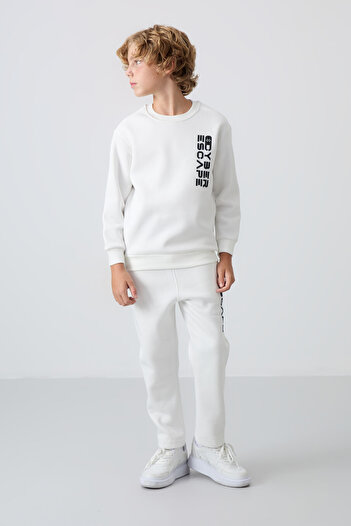 TOMMY LIFE Boys' Tracksuit Set - Ecru Cotton, Thick Feather Inside, Soft Texture, Printed - 11233