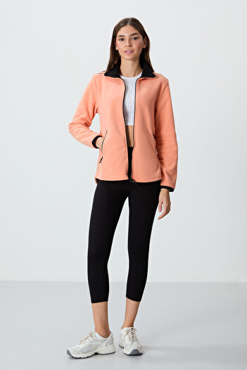 TOMMY LIFE Melon Inside Stand Collar Zippered Comfortable Form Women's Fleece Sweatshirt - 97173