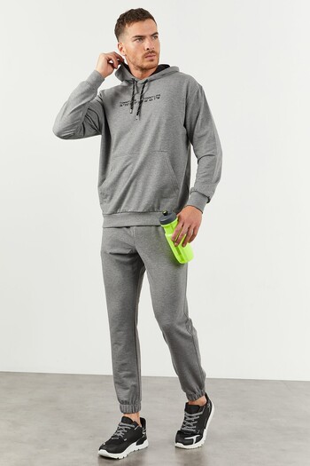 TOMMY LIFE Ανδρικό Σετ φόρμας OvErsizE Grey mElangE με κουκούλα, πόδι από καουτσούκ Pocket Kangaroo - 85117
