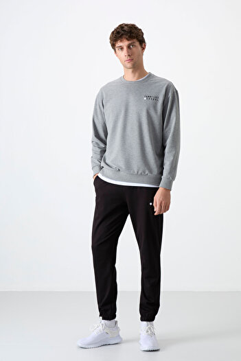 TOMMY LIFE Gray Melange - Black Casual O Neck Rubber Leg Cotton Men's Oversize Tracksuit Set - 85120