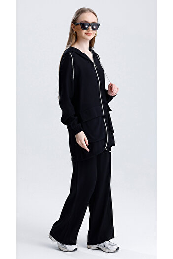 MD trend Women's Loose Wide Leg Pants Hooded Pocket Oversize Zippered Cardigan Two-Piece Sports Tracksuit Set