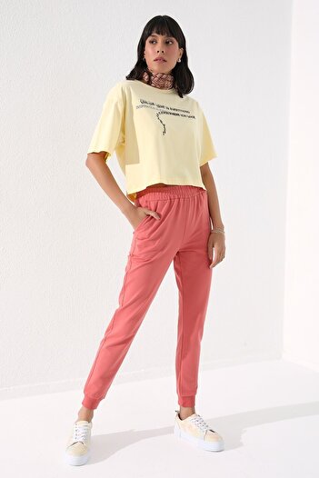 TOMMY LIFE Pudra Yüksek Bel Jogger Rahat Form Manşetli Kadın Eşofman Alt - 94561