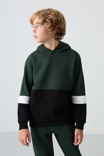 TOMMY LIFE Pine Green Cotton Thick Fleece Lined Standard Fit Embroidered Boys' Tracksuit Set - 11255