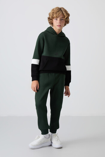 TOMMY LIFE Pine Green Cotton Thick Fleece Lined Standard Fit Embroidered Boys' Tracksuit Set - 11255