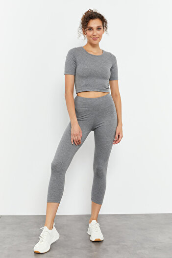 TOMMY LIFE Gray Melange Short Sleeve Slim Fit O Neck Women's Crop Top T-Shirt - 97149