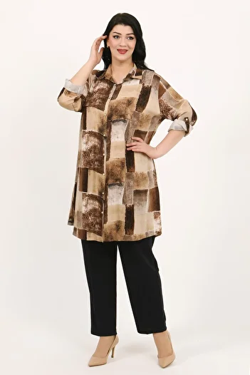 By Alba Collection Women's Tan Patterned Cotton Viscose Large Size Tunic