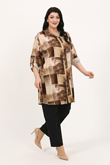 By Alba Collection Women's Tan Patterned Cotton Viscose Large Size Tunic