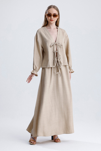 MD trend Women's Elastic Waist Pocket Bell Skirt and Tie-Up Blouse Double Linen Set