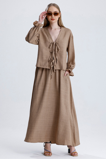 MD trend Women's Elastic Waist Pocket Bell Skirt and Tie-Up Blouse Double Linen Set