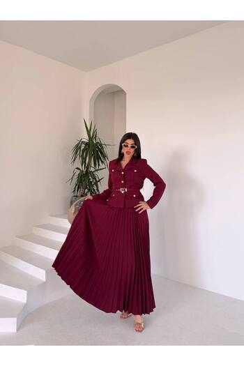 ZF BUTİK Belted Gold Buttoned Premium Jacket Skirt Suit