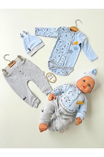 Tomuycuk Mavi 3'lü Erkek Bebek Takımı - Uzun Kollu Bodyli & Mevsimlik Bebek Takım - %100 Pamuklu