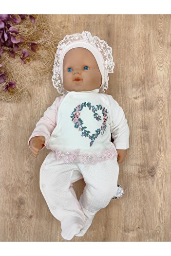 Tomuycuk Çiçek Nakışlı Kız Bebek Tulum Uzun Kollu Ayaklı Hediyelik %100 Pamuklu Yenidoğan Bebek Giyim
