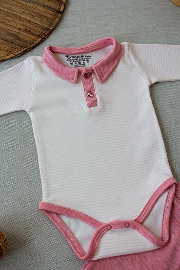 Tomuycuk 2'li Pembe Kız Bebek Çocuk Takım 3-6-9-12 Ay Çizgili Bodyli Bebek Takımları Kıyafetleri Bebek Giyim