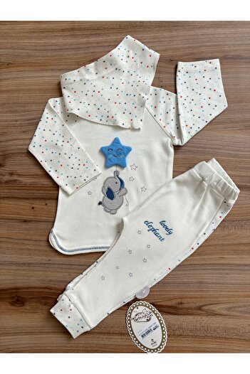 Tomuycuk 100% Cotton 3-Piece Set for Baby Boy - Ecru and Elephant Embroidered Sweatshirt