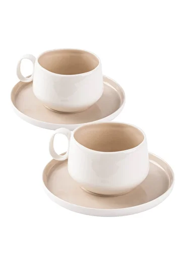 Tantitoni Thin White Beige Porcelain Double Cup Set 220ml