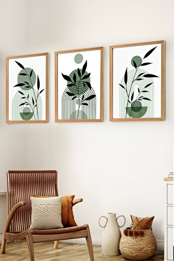 Muyika Design Premium Ahşap Çerçeveli 3lü Modern İskandinav Bohem Tarz Dekoratif Ev Dekorasyonu Tablo Seti-SET5