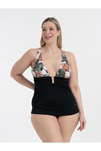 AQUAVİVA Women's Black Rubber Pattern Large Size Anastasia Tankini Gathering Buckle