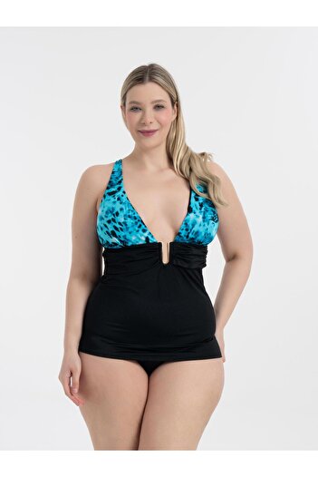 AQUAVİVA Aquaviva Women's Blue Pattern Large Size Anastasia Gathering Buckle Detailed Tankini