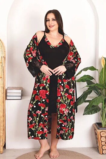 lidofya Rose Patterned Viscose Plus Size Fabric Nightgown Dressing Gown Set 19224