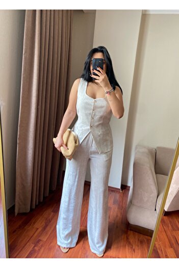 MODA Women's Square Neck Tie Waist Vest Pants Stone Color Two Piece Set