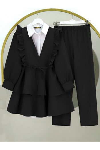 Modamorfo Frontal Storm Folded Pants Kimono Set - Black